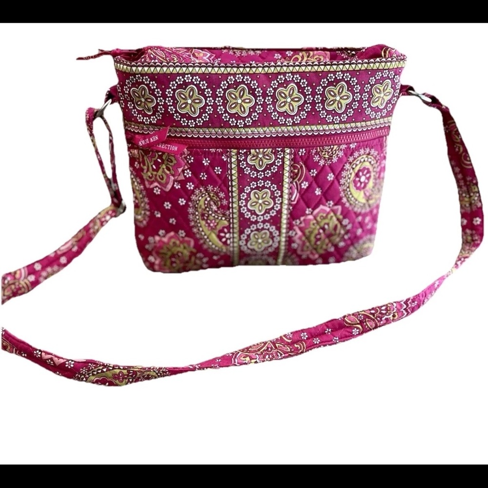 New Direction pink green white Paisley large‎ crossbody quilted cotton purse